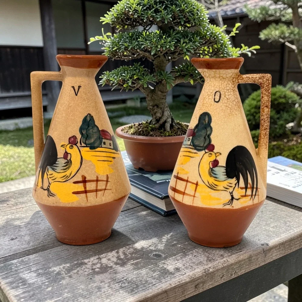 Vintage Hand Painted Rooster Oil and Vinegar Cruets Set Mid Century Farmhouse 5